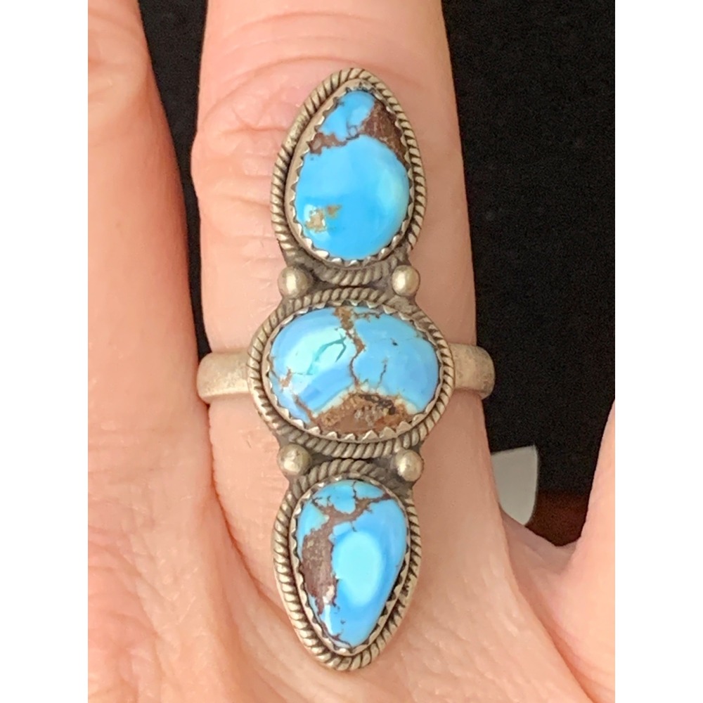 Golden Hills Turquoise 925 Sterling Silver Crawler Ring Adjustable Size 3 Stone